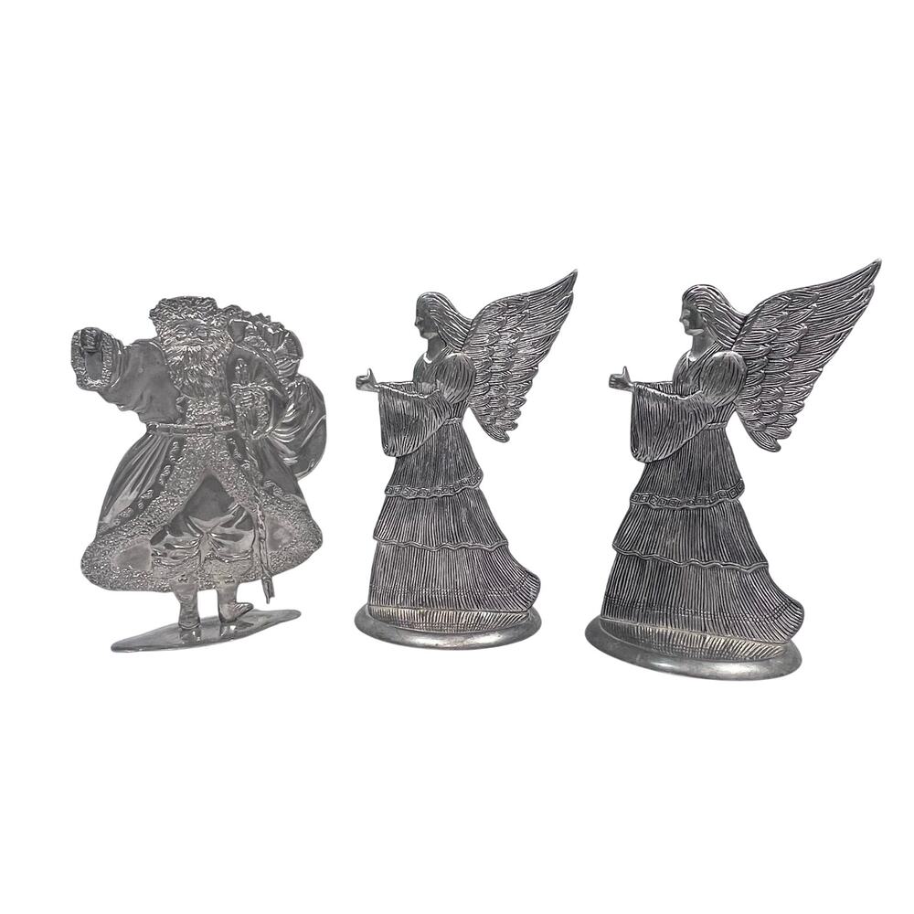 Vintage Tarnished Silver Plated Candle Holder Lot 3 Santa Claus Angel Christmas